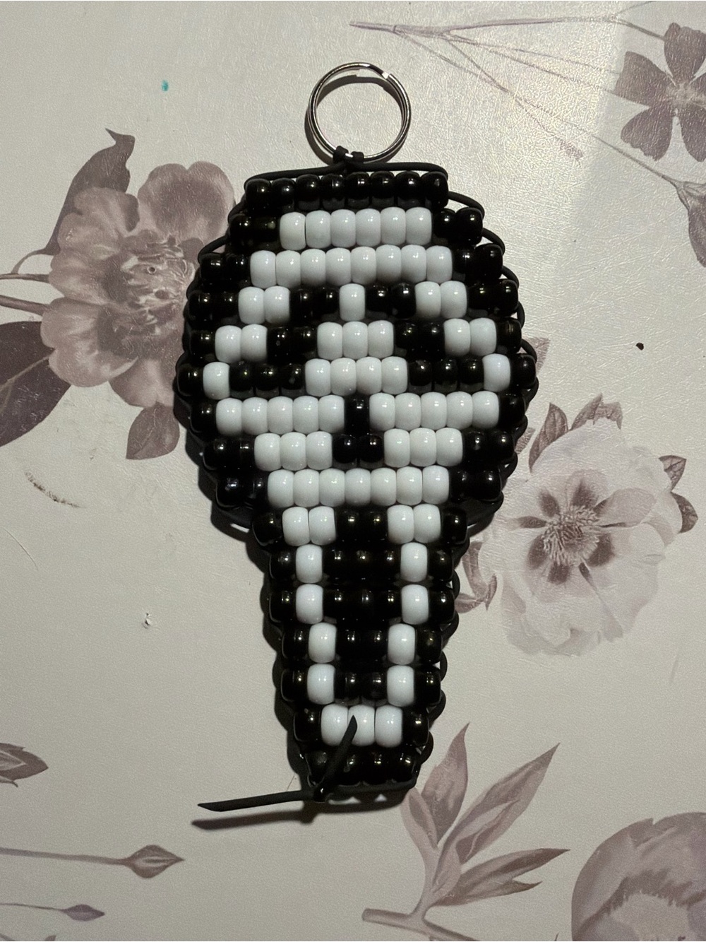 Handmade Black & White Beaded Skull Keychain